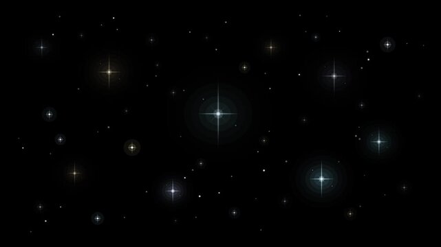 Twinkling stars and glowing celestial light particles gleam against a dark night sky in a seamless loop animation, creating a mesmerizing cosmic background for space and astronomy projects.