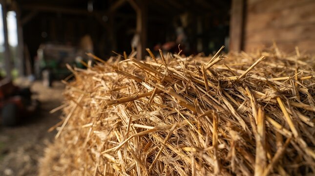 Texture of Dried Golden Straw and Hay Bales in a Rustic Farm Barn