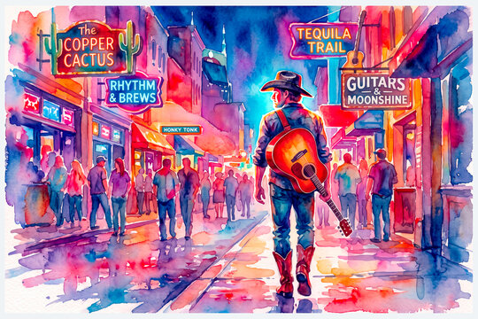 urban cowboy musician with guitar slung over shoulder walking at night among honky Tonks and street lights cool red tones