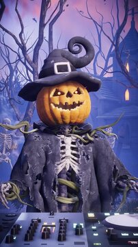 3D animation of a funny scarecrow DJ with a pumpkin head as skeletons and zombies dance at a Halloween party in a gothic haunted graveyard.