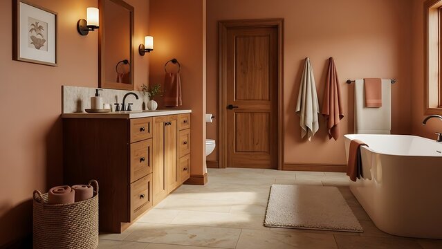 Cozy bathroom interior with wooden vanity and terracotta walls