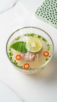 Transparent Garudhiya clear tuna broth with lime leaf, chili, and spring onion in a hand-blown glass bowl, featuring a pale seafoam green coral stone lattice motif against a  white marble background