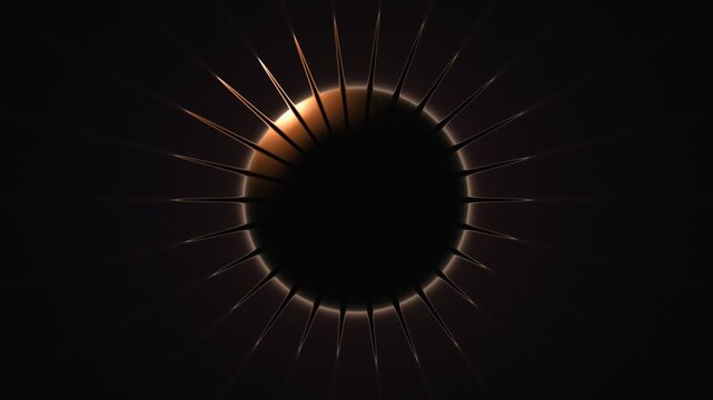 Abstract digital art depicting a solar eclipse with sharp spiky corona rays emanating from the suns edge against a dark background