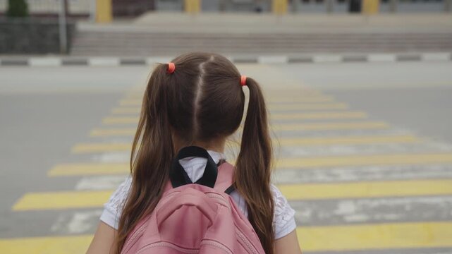 Crossing for class, School entrance ahead, Pink backpack girl, Lessons await, Urban morning, Routine walk, Safe to school, Pigtails and dreams, Student anticipation, New adventure, Focused on future