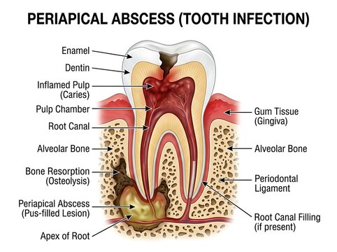 Medical illustration of a periapical abscess showing tooth infection anatomy