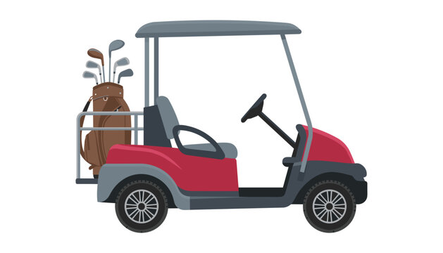 Red golf cart vehicle carrying brown bag with clubs vector flat illustration isolated on white background