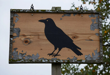 Fototapeta premium Folklore and superstition concept, black crow silhouette painted on a weathered wooden sign in a rural outdoor setting with peeling paint and texture