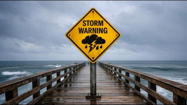 Weather warning sign indicating a storm is approaching