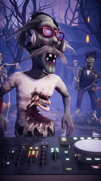 Halloween party in a haunted graveyard with a zombie DJ at the mixing console, dancing spooky skeletons, and a scarecrow with a pumpkin head. 3D animation.