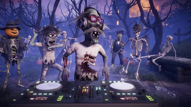 Halloween party in a haunted graveyard with a zombie DJ at the mixing console, dancing spooky skeletons, and a scarecrow with a pumpkin head. 3D animation.