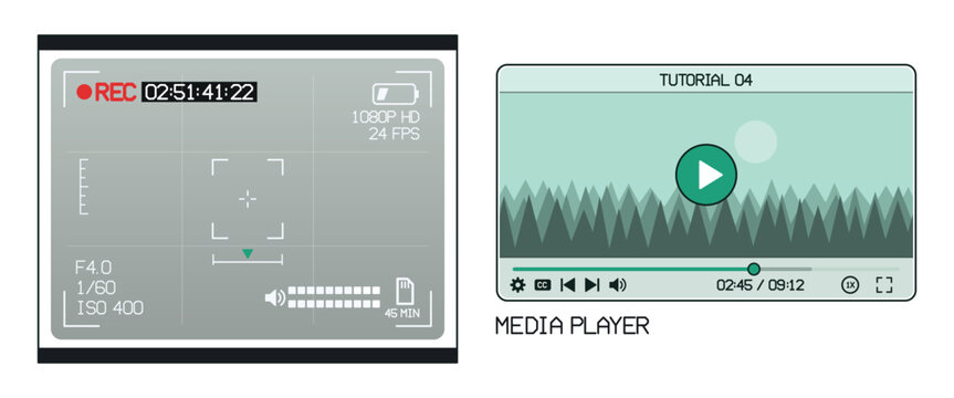Camera viewfinder REC screen and video media player interface with play button, progress bar, timecode, battery and exposure info, flat vector
