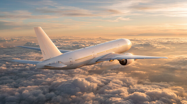 majestic commercial airplane soaring through the sky above clouds during sunset with warm golden hues illuminating the horizon