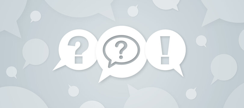 FAQ web banner graphic with speech bubbles containing question marks and an exclamation point on a light gray background for online help and support services.