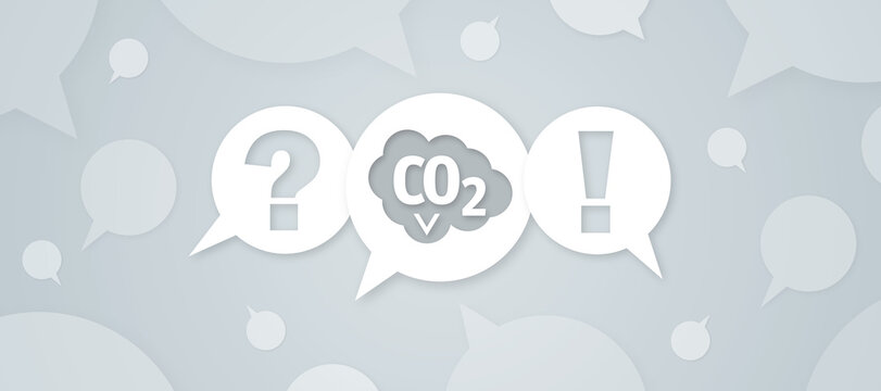 A sleek and modern web graphic features speech bubbles with a question mark, carbon dioxide formula, and an exclamation point for an online FAQ section.