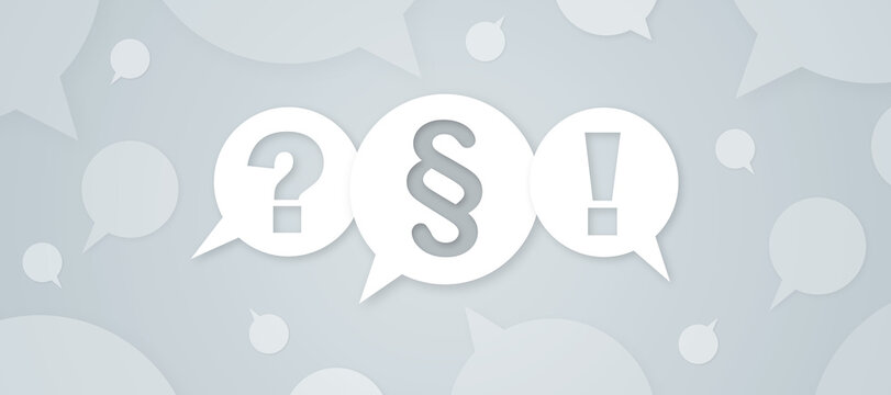 A digital graphic illustrating a legal FAQ section featuring speech bubbles with a paragraph symbol, a question mark, and an exclamation mark against a soft grey background.