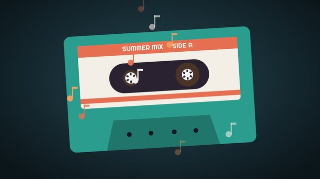 Retro cassette tape with summer mix label and musical notes floating around it
