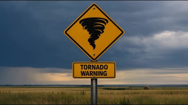 Tornado warning sign in a field, useful for weather or emergency related projects