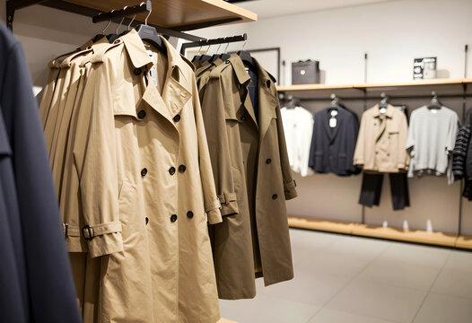 Retail fashion and clothing store, beige trench coats hanging on racks in a modern boutique with apparel collection for seasonal shopping and style