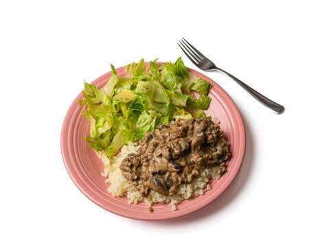 Beef Stroganoff Over Riced Cauliflower, Angled View