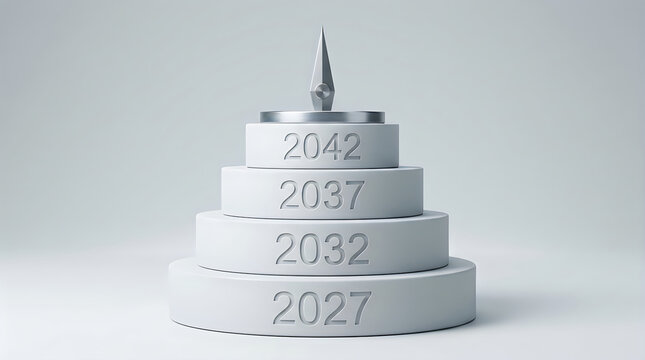 Stacked stone discs engraved with future years 2027 2032 2037 2042 on white background