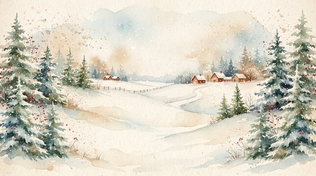 watercolour illustration of a colorful snowy christmas forest snow December cottage core in a painted textured style with pine trees for cards/journal/stationary design hand drawn look