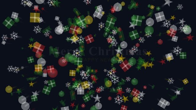 Merry Christmas Dynamic Particle Burst Background with Exploding Gift Boxes and Festive Decorations
