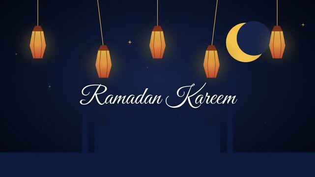 Ramadan Kareem greeting with hanging lanterns and crescent moon on a dark blue night sky background