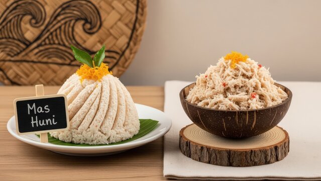 Gourmet Maldivian Mas Huni Smoked Tuna and Coconut Breakfast in Artisan Bowl with Chalkboard Sign and Copy Space
