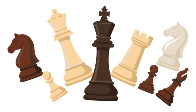 Flat vector illustration of falling chess pieces with king queen knight rook bishop and pawn isolated on white background