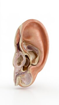 Detailed anatomical cross section of the human ear showing internal structures and blood vessels