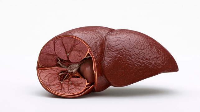 Anatomical 3D render of a human liver showing internal structure and external surface texture