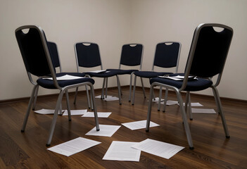 Obraz premium Layoffs and corporate downsizing, empty office chairs in a circle with scattered documents on the floor job loss and unemployment crisis