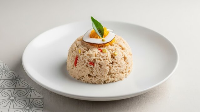 Minimalist Maldivian Mas Huni Smoked Tuna Breakfast on White Ceramic with Ivory Copy Space