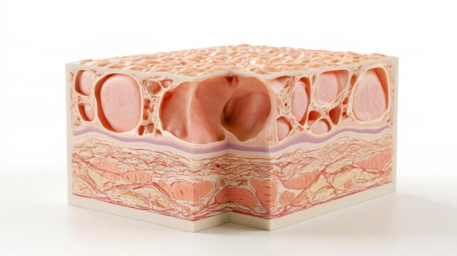 Anatomical cross section model of human skin showing subcutaneous fat and dermal tissue layers