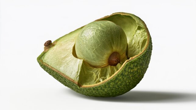 Fresh halved avocado with a large central seed isolated on a clean white studio background