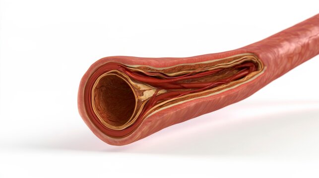 Detailed 3D medical illustration of a human artery cross section showing internal vessel layers