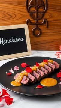 Gourmet Malagasy Seared Zebu Tenderloin with Ginger Tomato Emulsion and Chalkboard on White Marble