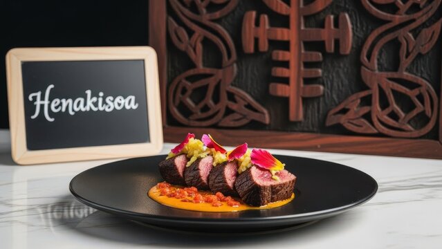 Gourmet Malagasy Seared Zebu Tenderloin with Ginger Tomato Emulsion and Chalkboard on White Marble