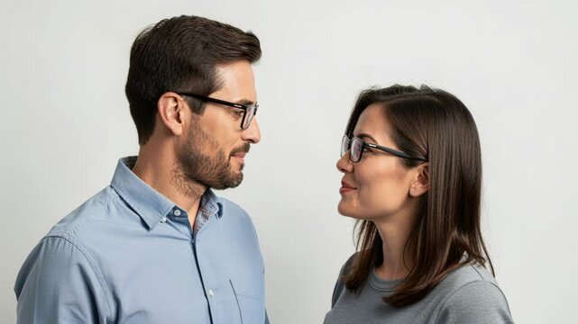 A Man and Woman Face to Face: A man and woman wearing glasses look at each other, with the man in a blue shirt and the woman in a grey shirt.