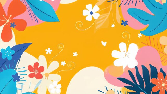 Vibrant Floral Pattern: A colorful and playful floral pattern with tropical flowers and leaves on a bright yellow background, perfect for summer designs and decorations.