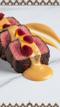 Gourmet Malagasy Seared Zebu Tenderloin with Ginger Tomato Emulsion and Edible Hibiscus on White Marble
