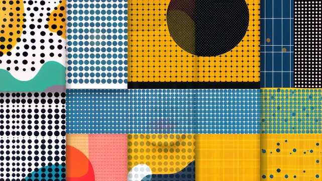 Abstract Geometric Patterns Collage: A vibrant collage of diverse abstract geometric patterns, featuring polka dots, lines, circles, and colorful shapes.