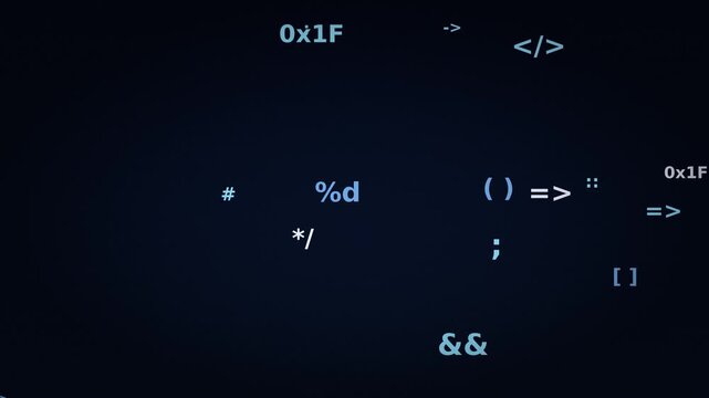 Abstract programming code elements on dark blue background, digital software development symbols, computer science and cybersecurity concept video