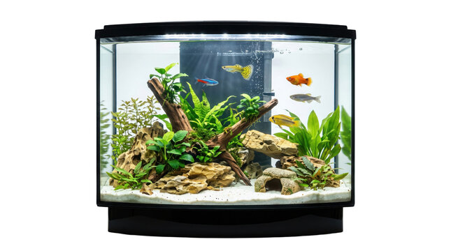 Vibrant freshwater aquarium, a beautifully aquascaped fish tank with colorful tropical fish, lush green aquatic plants, and natural rock decorations