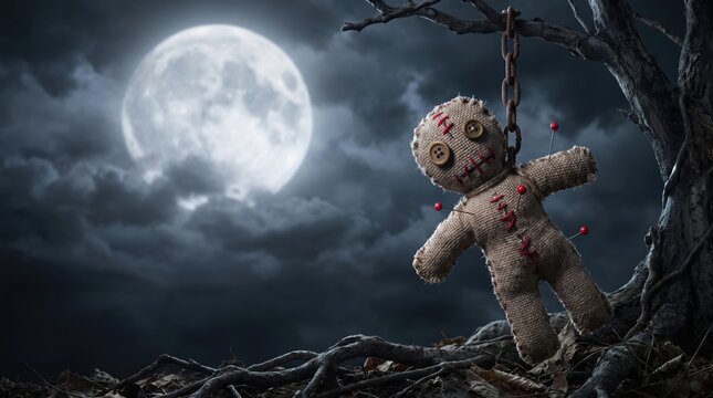 Spooky voodoo doll hanging from a dead tree branch under a full moon in a dark night forest