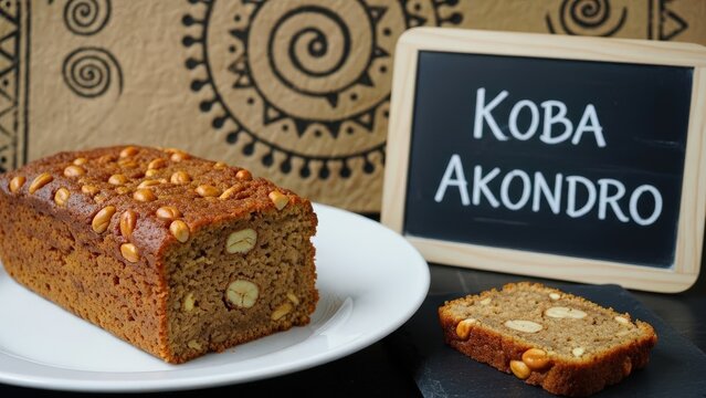 Traditional Malagasy Koba Akondro Banana Peanut Dessert with Chalkboard Sign on Slate and Ceramic