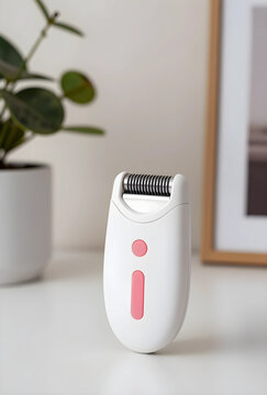 Hair removal and personal grooming, electric epilator for smooth skin care and beauty routine on a white desk with a houseplant in a modern home interior