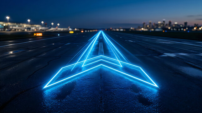 Futuristic glowing blue neon arrow painted on an airport runway at night with glowing path