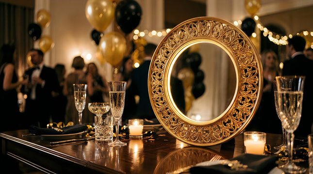 Elegant table setting with champagne flutes and decorative gold mirror at a party