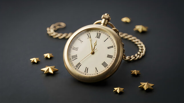 Vintage gold pocket watch with golden chain and star confetti decorations